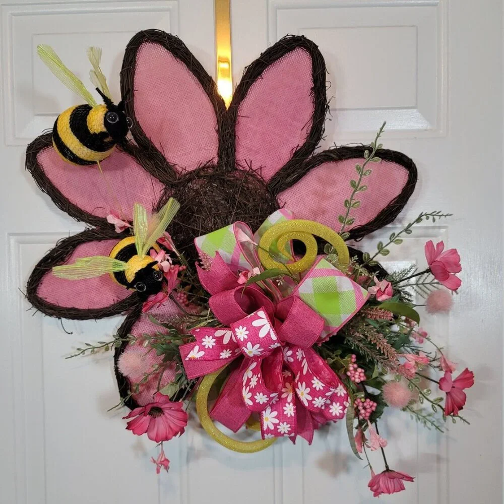 Pink‎ Sunflower with Bees Wreath, Pink Sunflower/Bee Front Door Wreath